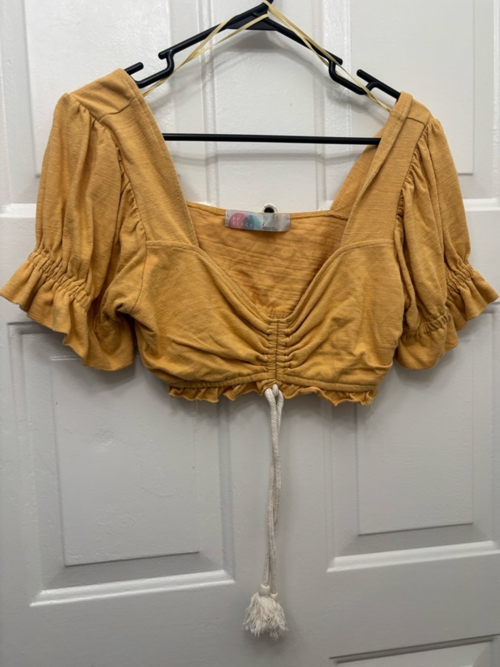 Crochet-Tie Mustard Cropped Peasant Top